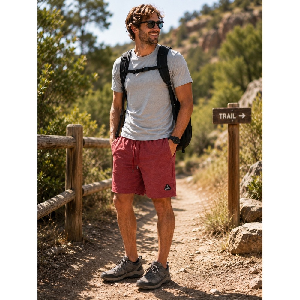 prAna Men's Large Red Heather UPF 50+ Drawstring Athletic Hiking Shorts